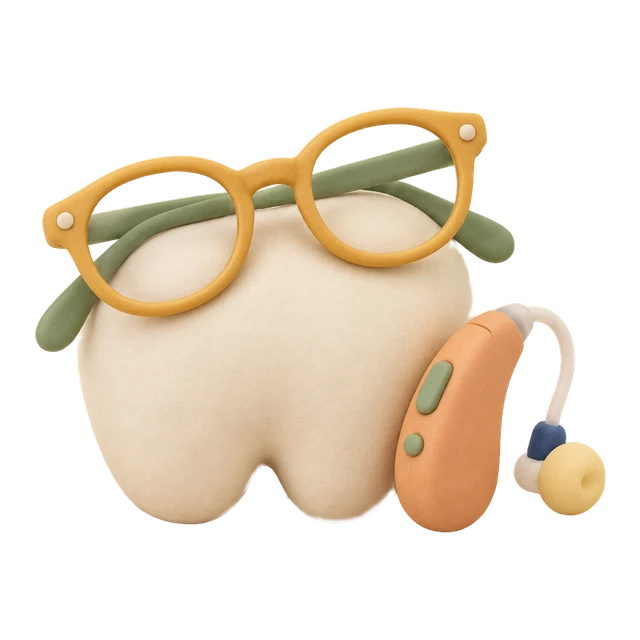Lunettes, dent et appareil auditif
